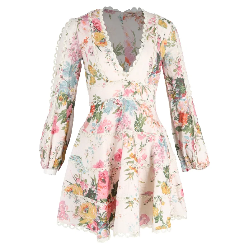 YEAR-End Sale Zimmermann Floral Print Mini Flared Dress in Multicolor Linen