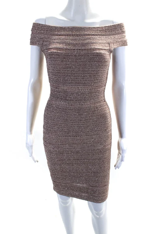 Stock Clearance Herve Leger Womens Off Shoulder Metallic Bodycon Pencil Dress Pink