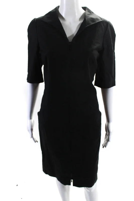One-DAY Sale Lafayette 148 New York Women's Short Sleeves Full Zip Midi Dress Black