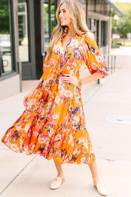 Deep Discounts Think It Through Orange Floral Babydoll Midi Dress
