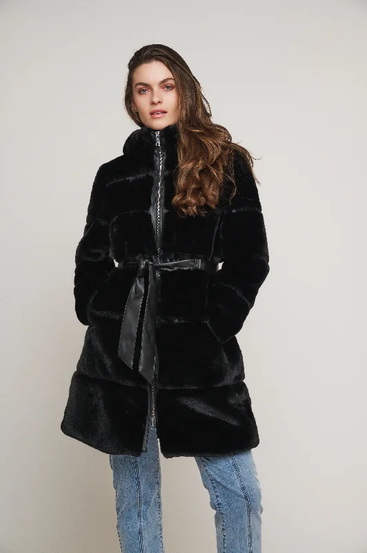 Price Drop Harvard faux fur coat with hood and faux leather details