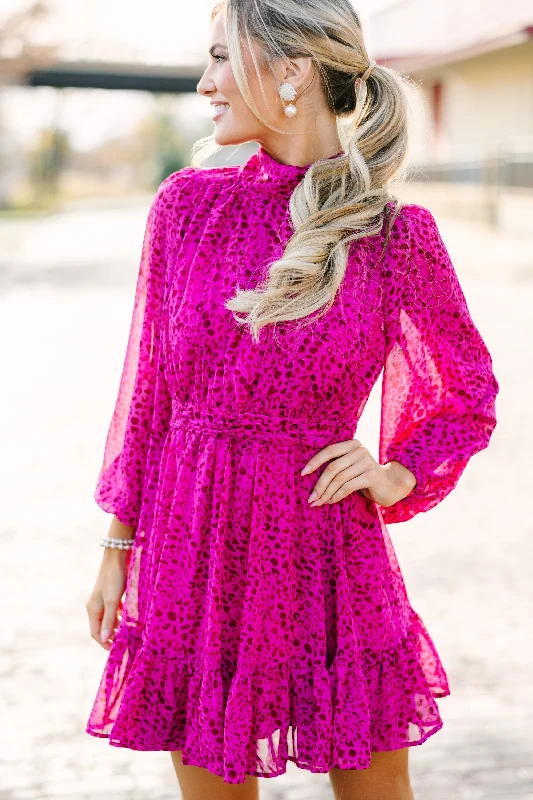 Super Savings Now We See Magenta Pink Ditsy Leopard Dress