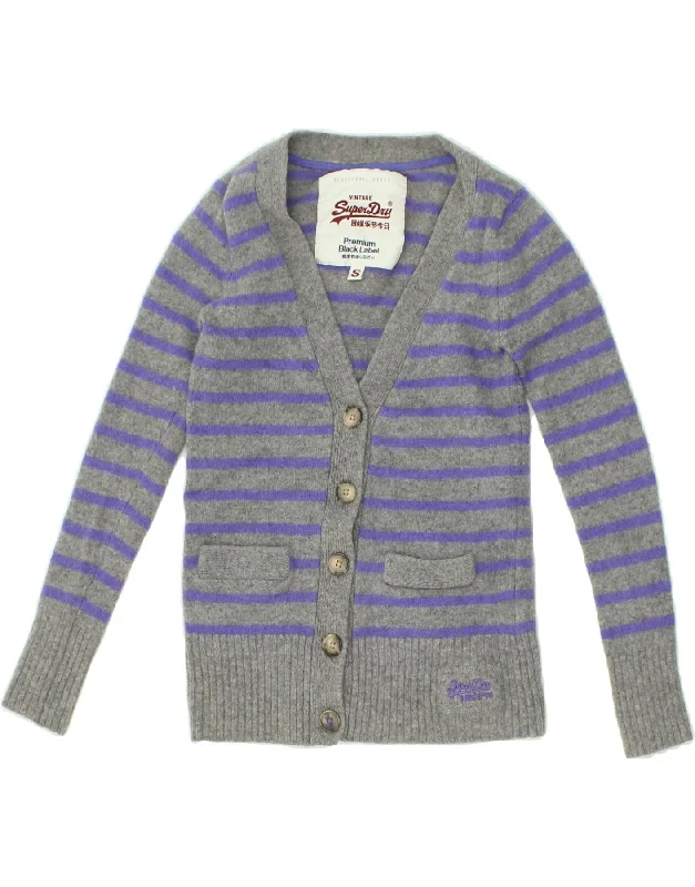 Final Markdown SUPERDRY Womens Cardigan Sweater UK 8 Small Grey Striped Lambswool