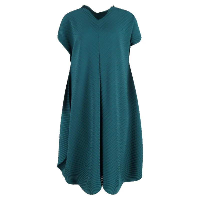 Blowout Sale Issey Miyake V-Neck Pleated Midi Dress in Green Polyester