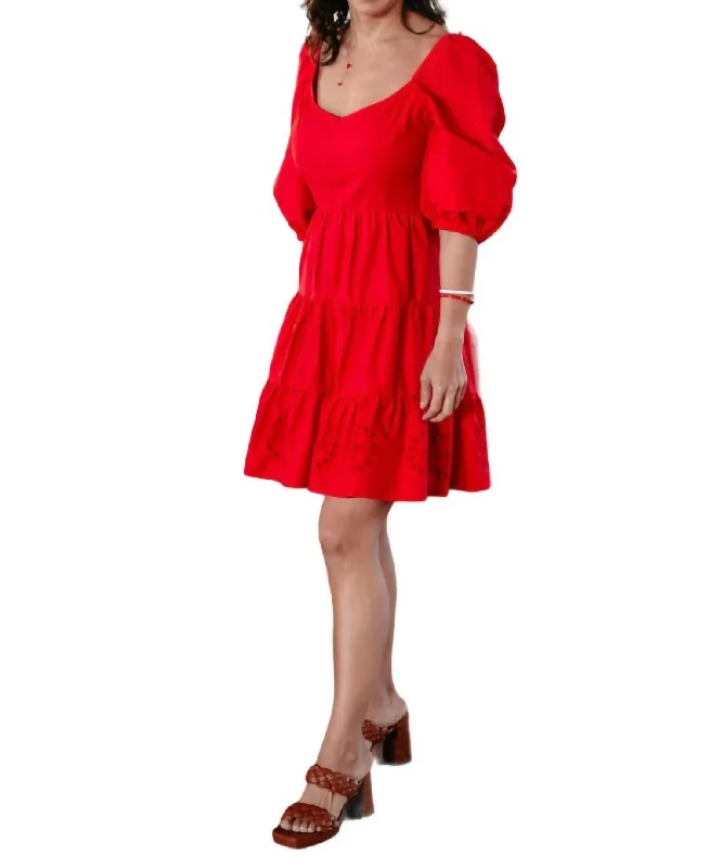 Exclusive Access Davina Puff Sleeves Fit & Flare Eyelet Dress In Strawberry Red