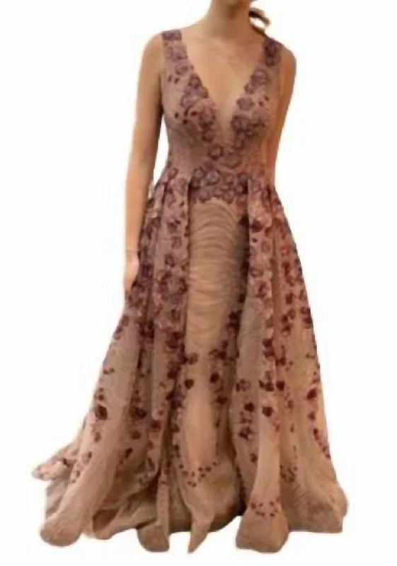 Special Promotion V-Neck Sheath With Floral Applique And Skirt Overlay In Mauve