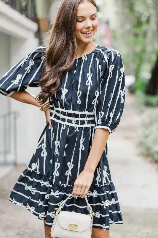 Overstock On The Right Track Black Bow Print Dress