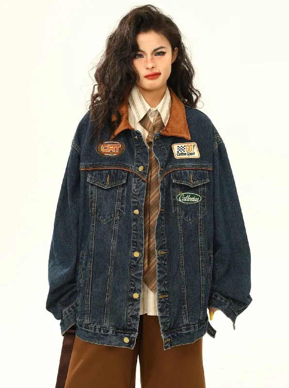 Steals and Deals Racing Patch Denim Jacket with Corduroy Collar