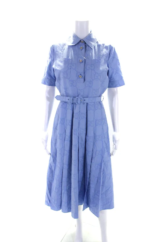 Get It Before It’s Gone Gucci Womens Short Sleeves Button Down Pleated A Line Dress Blue