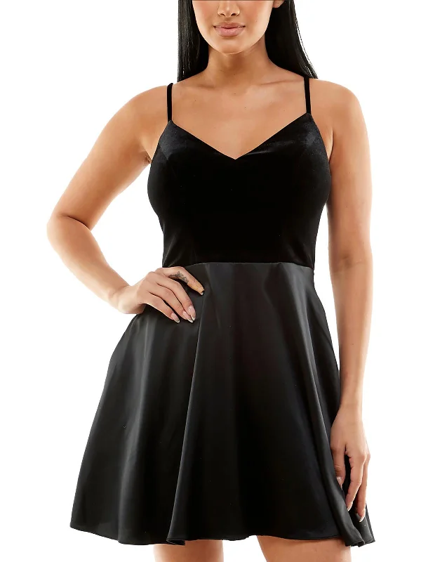 Year-End Clearance Juniors Womens Mixed Media V-Neck Mini Dress