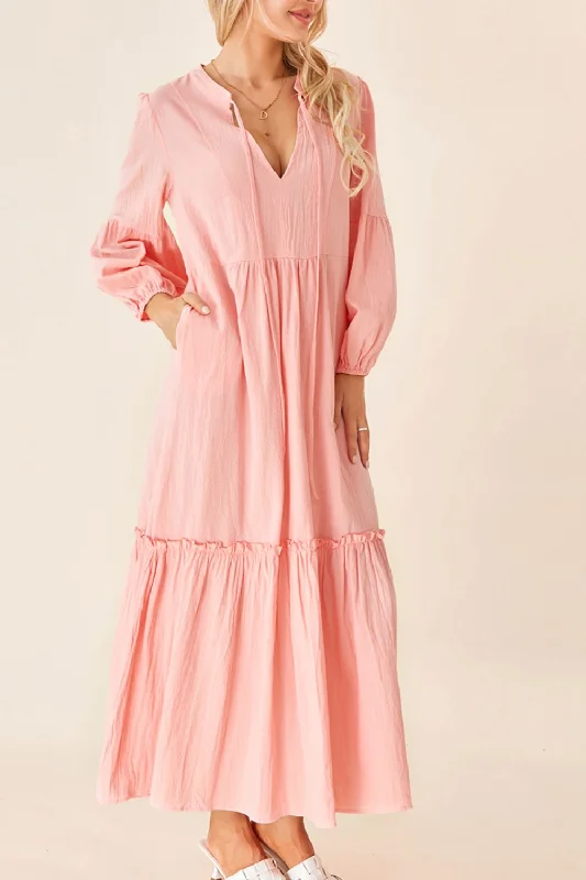 Savings Galore Frill Tiered Tie Neck Long Sleeve Dress