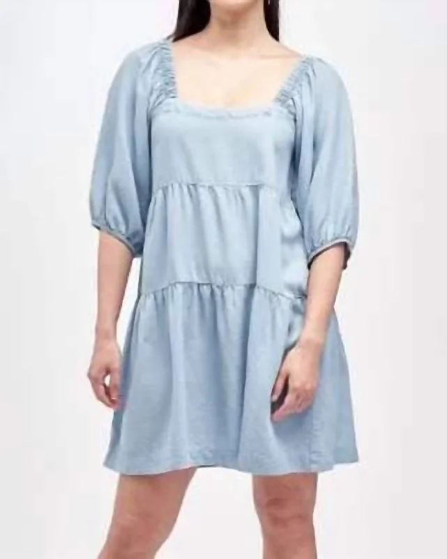 Amazing Deals Tiered Dress With Puff Sleeves In Denim