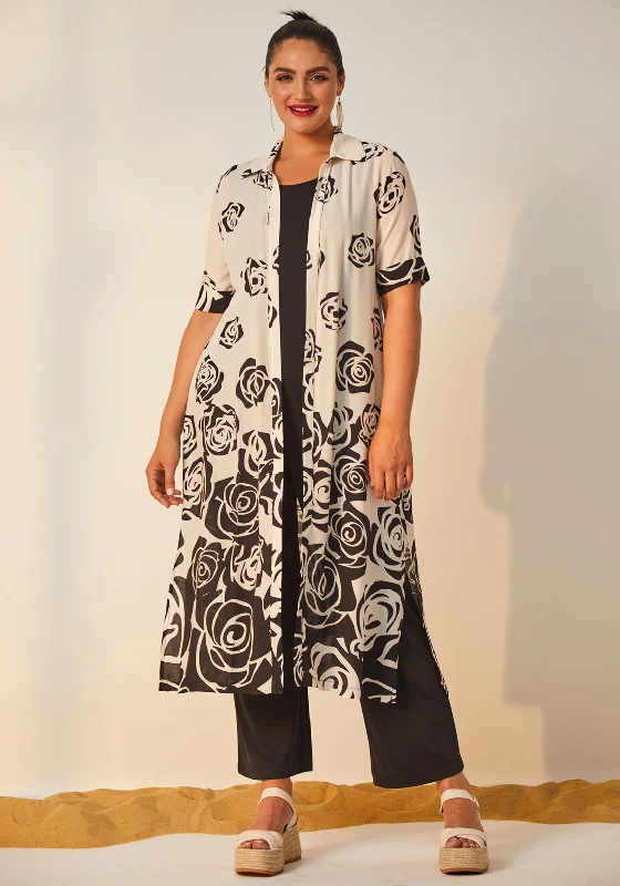 Deal of the Day Ora Rose Print Long Kimono, Cream & Black