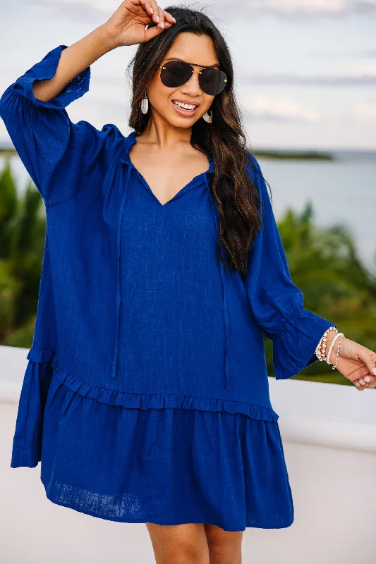 Limited Quantity Always In The Lead Ocean Blue Linen Dress