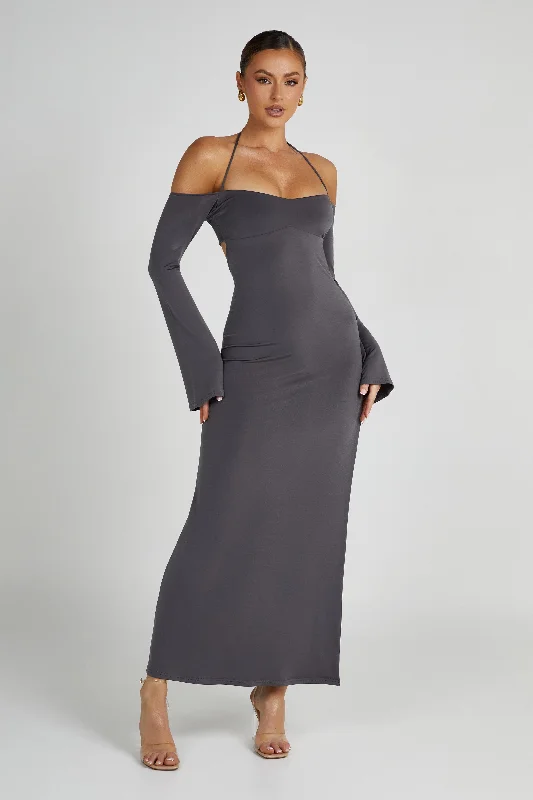 Price Buster Tia Slinky Off Shoulder Maxi Dress - Charcoal