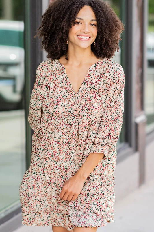 Deal Dash Can't Be Outdone Beige Brown Ditsy Floral Dress
