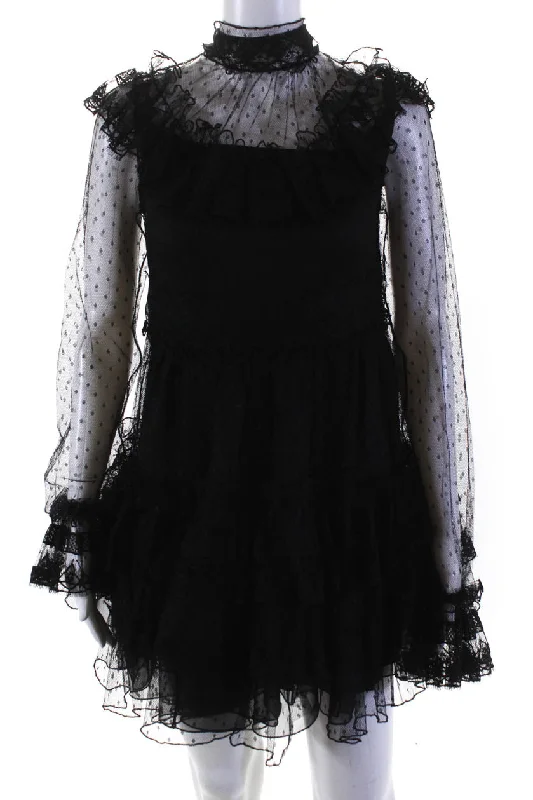 Early Access Dice Kayek Womens Ruffled Lace Tiered Tulle Mini Dress Black