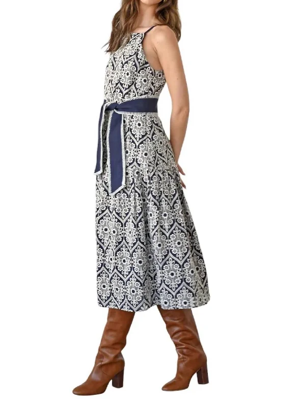 Price Break Anell Halter Embroidered Dress In Navy/cream