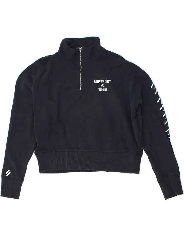 Instant Discount SUPERDRY Womens Crop Zip Neck Sweatshirt Jumper UK 14 Large  Navy Blue