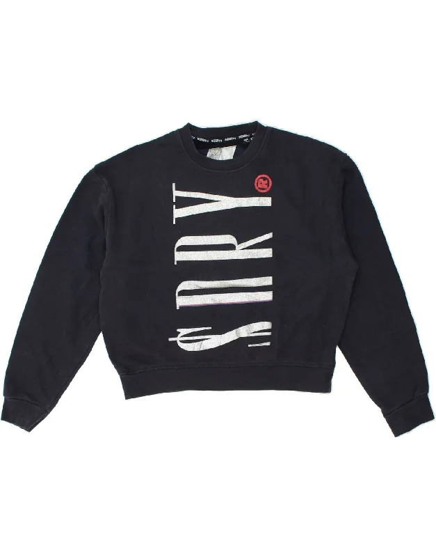 Final Clearance SUPERDRY Womens Crop Graphic Sweatshirt Jumper UK 6 XS Navy Blue Cotton