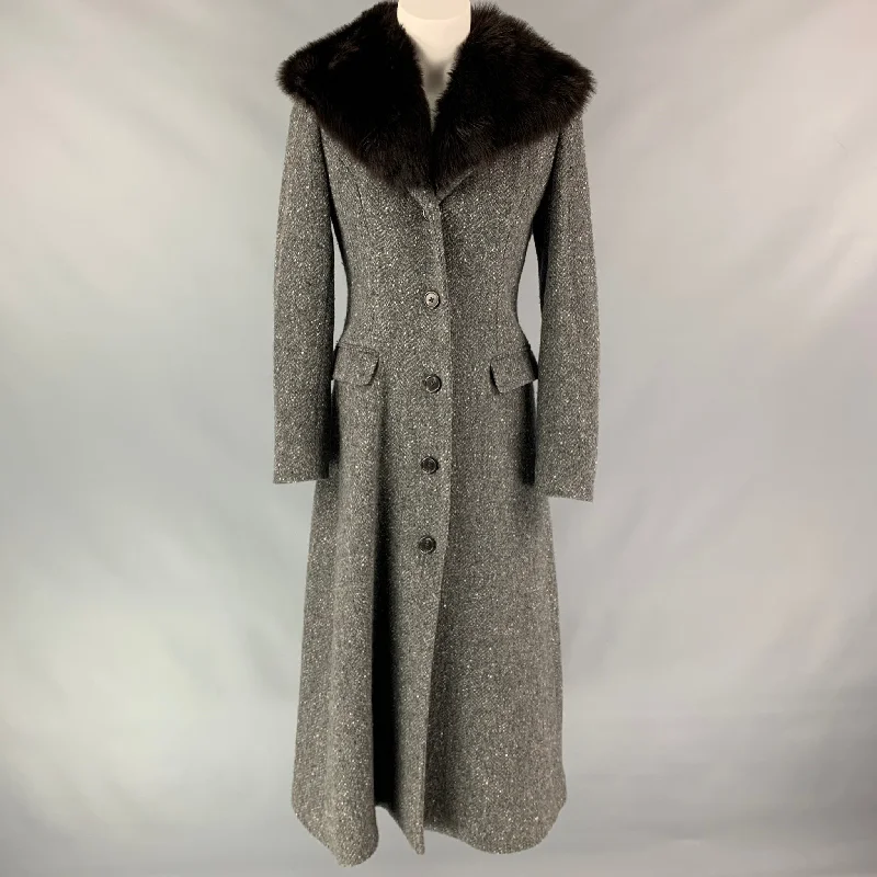 Super Savings RALPH LAUREN Black Label Size 4 Grey Heather Herringbone Wool / Cashmere Fur Collar Coat