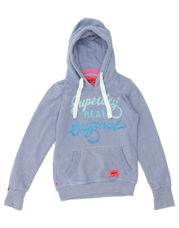 Exclusive Savings SUPERDRY Womens Graphic Hoodie Jumper UK 6 XS Blue Cotton