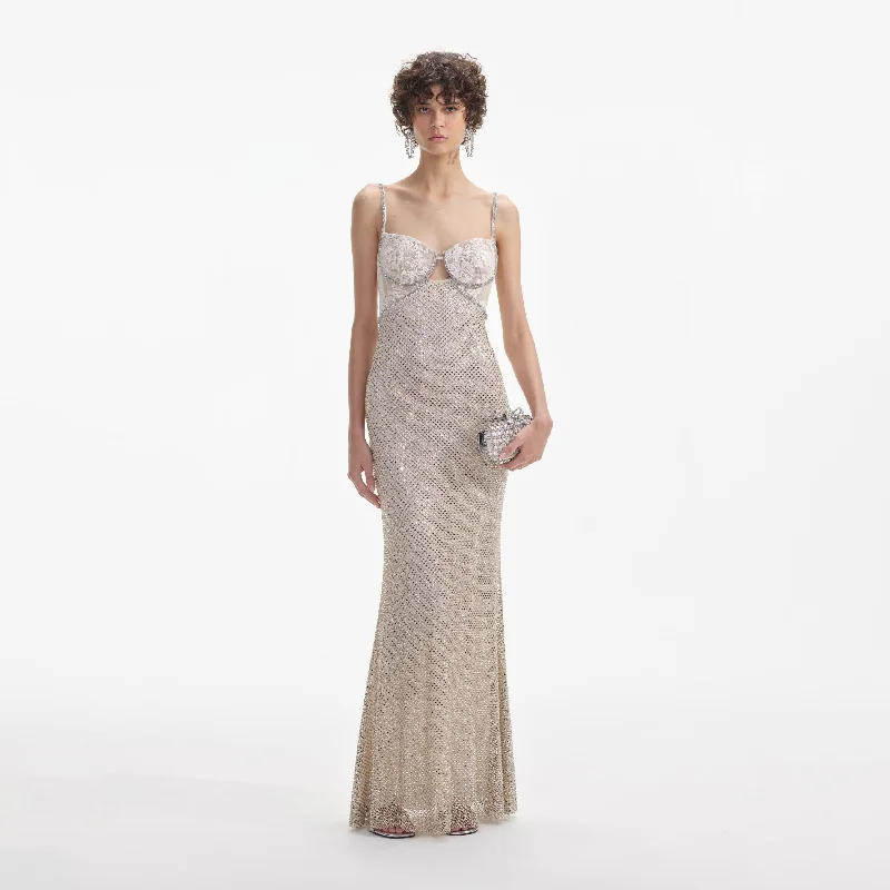 Savings Galore Self-portrait - Rhinestone Mesh Maxi Dress - Cream