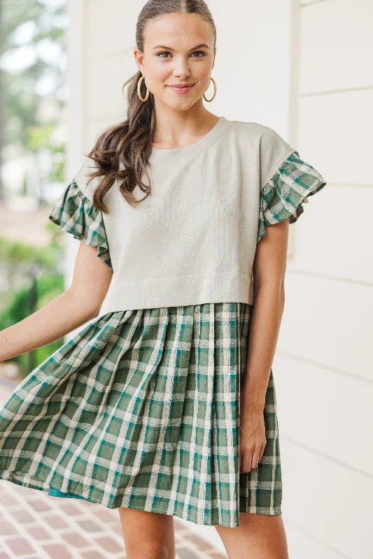 Savings Bonanza Reach For It Olive Green Plaid Dress