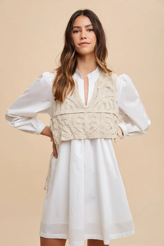 Great Deals Annie Wear Crochet Vest Notched Long Sleeve Shirt Dress