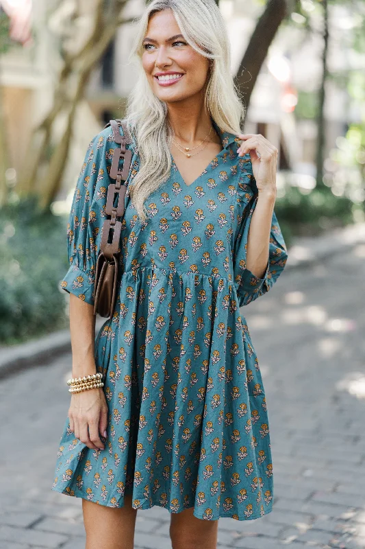 Weekend Deal Know It All Forest Green Floral Babydoll Dress
