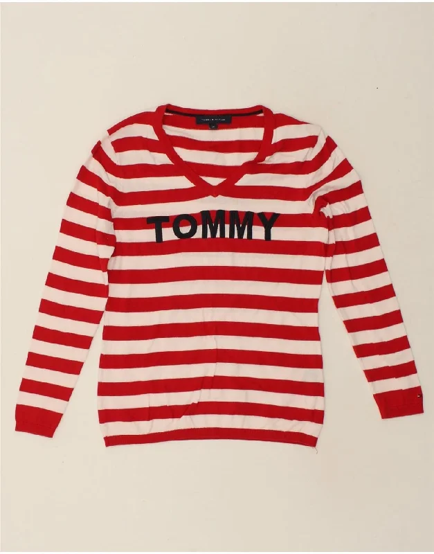 Weekend Deal TOMMY HILFIGER Womens Graphic V-Neck Jumper Sweater UK 10 Small Red