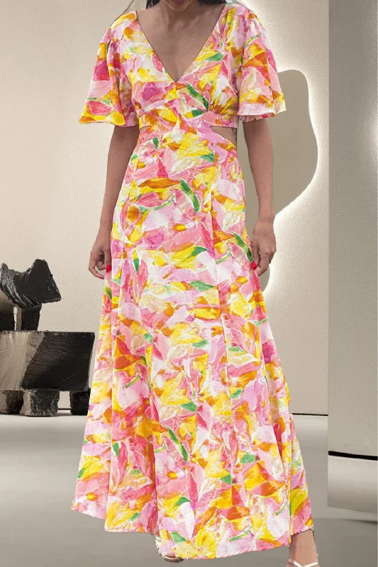 Huge Discounts Tied Printed V-Neck Short Sleeve Dress
