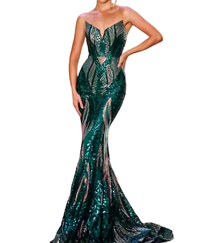 Savings Galore Mermaid Sweetheart Maxi Dress In Hunter/green/gold