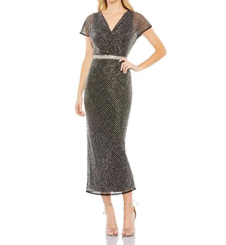 Price Drop V-Neckline Midi Dress In Black Silver