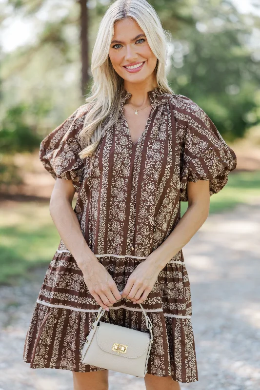 Can't Miss Easy Romance Brown Floral Dress