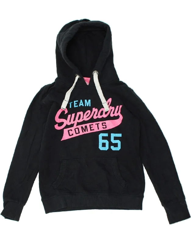 Hurry In SUPERDRY Womens Graphic Hoodie Jumper UK 12 Medium Navy Blue Cotton