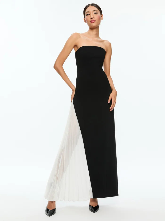 Buy More, Save More Alice + Olivia - Retha Strapless Maxi Dress with Godet Pleated - Off White/Black