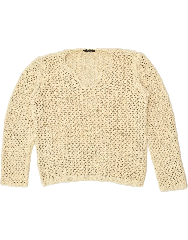 Special Price VINTAGE Womens See Through V-Neck Jumper Sweater UK 14 Medium Beige Cotton