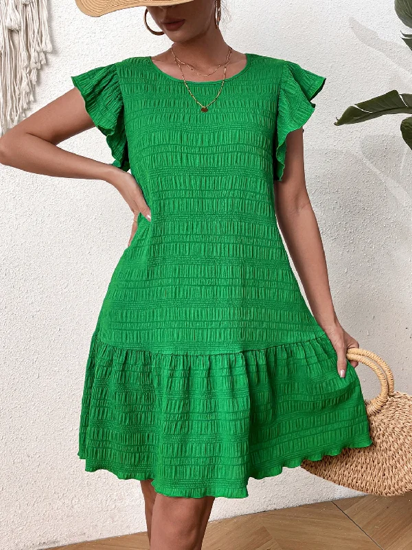 Amazing Deals Textured Round Neck Ruffle Hem Dress