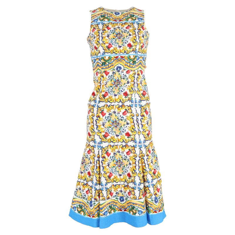 Stock Up and Save Dolce & Gabbana Majolica Printed Midi Backless Dress in Multicolor Cotton