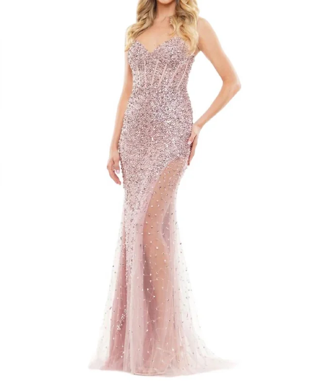 Time-Limited Offer Embellished Sheer Overlay Evening Gown In Dusty Rose