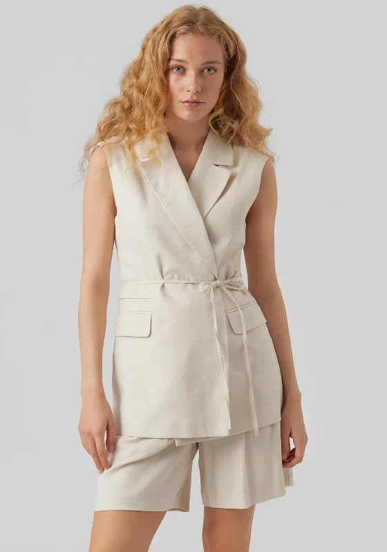 Final Sale Vero Moda Lillmae Sleeveless Long Blazer, Oatmeal