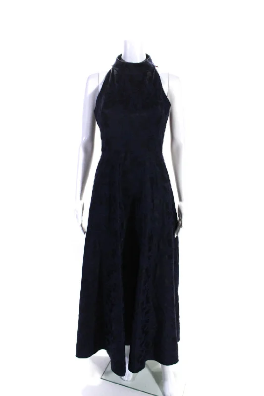 Don't Wait ML Monique Lhuillier Womens Sleeveless Mock Neck Floral Gown Navy Blue