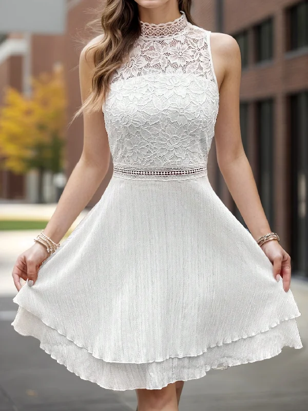 Price Reduction Lace Detail Mock Neck Sleeveless Mini Dress