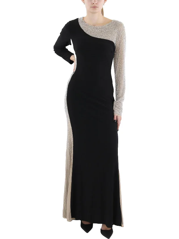 Act Fast Womens Beaded Illusion Evening Dress